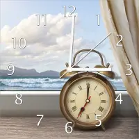 Wallario Design Wanduhr Guten Morgen sagt das Meer - Wecker und Vorhang am Fenster aus Echtglas, Größe 30 x 30 cm