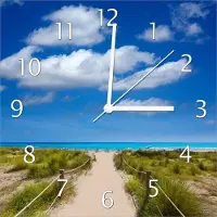 Wallario Design Wanduhr Sandweg zum blauen Meer mit blauem Himmel aus Echtglas, Größe 30 x 30 cm