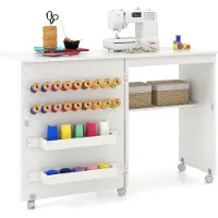 Costway 2 in 1 Nähschrank & Schreibtisch klappbar, Nähtisch Mehrzweck-Bastelstation mit Ablagefläche, 2 Tabletts,18 Klammern, Scheunentür & 5 feststellbaren Rollen für kleine Räume (weiß)