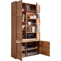Lomadox Wohnwand in Buche massiv geölt mit Couchtisch, Lowboard, Vitrine & LED-Beleuchtung, 4-teilig - WELLAND-69