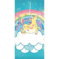 Wallario Design Wanduhr Lustiges Einhorn auf einer Wolke vor Regenbogen aus Echtglas, Größe 30 x 60 cm