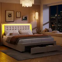 Moonbite Doppelbett 180 x 200 cm, gepolstert mit LED-Beleuchtung, 2 Schubladen und Stauraum, Chesterfield-Stil, eleganter Samt