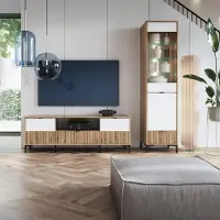Lomadox Wohnwand Eiche mit weiß und Rillen Design modern RISBY-129 2-teilig mit Couchtisch und Beleuchtung