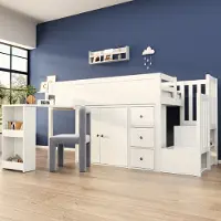 STILVORA Hochbett 90×200cm Jugendbett mit Ausziehbarem Schreibtisch,ohne Matratze,Kindebett mit Treppe und Treppenschrank,Bettgestel mit Seitlichem Ablagefach,Weiß