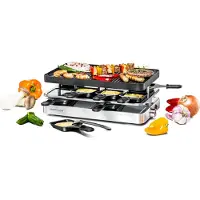 Rommelsbacher Raclette Grill RC 1400, antihaftbeschichtete Alu-Druckguss Wende-Grillplatte, 37 x 23 cm, Parkdeck, stufenlose Temperaturregelung, 8 Pfännchen, 8 Schaber, 2 m Kabel, 1200 Watt