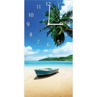 Wallario Design Wanduhr bedruckt, Größe 30 x 60 cm, Motiv: Urlaub am Palmenstrand unter Palmen mit Fischerboot