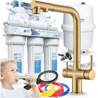 ARI Wasserfilter Set RO7 mit 3-Wege Küchenarmatur Venom 2, 7-stufige Filtration, ausziehbare Brause, Gold