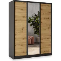 Masseno Schiebetürenschrank SORE 150/205/58 cm Kleiderschrank mit 4 Schubladen Schlafzimmer Schrank 3-türig mit Spiegel Schwarz / Eiche Artisan