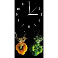 Wallario Design Wanduhr bedruckt, Größe 30 x 60 cm, Motiv: Bunte Küche Paprika in orange und grün im Wasser