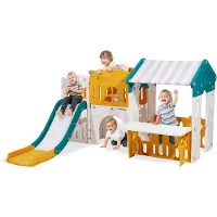 StarTech.com Kinderspielhaus Outdoor - Garten-Spielhaus - Mit Rutsche & Basketballkorb - Teleskop & Lenkrad - Krabbeltunnel - Verkaufsfenster - Ab 1 Jahr - HDPE Kunststoff, Wetterfest