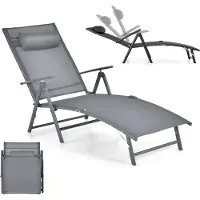 KOMFOTTEU Sonnenliege mit Kopfstütze, Liegestuhl klappbar mit 7 verstellbaren Rückenlehnen, Gartenliege bis 150 kg, 142 x 61 x 103 cm (Grau)