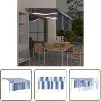 The Living Store Markise Manuell Einziehbar mit Rollo & LED 3,5x2,5 m Blau Weiß