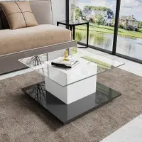 MODFU Couchtisch Wohnzimmertisch aus Hochglanzglas mit LED-Beleuchtung für Wohnzimmer, Schlafzimmer, Beistelltisch quadratischer mit Schwenkrädern, Weiß und Schwarz
