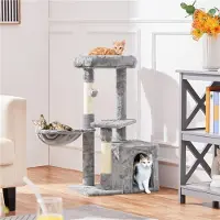 Yaheetech Kompakter Kratzbaum mit 3 Ebenen, 49,5 x 34,5 x 86,5 cm – stilvolles Hellgrau – Sisal und Plüsch
