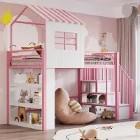 OKWISH Hochbett 90x200 Hausdesign mit Stauraumtreppe Kinderbett mit offenen Fächern und Rausfallschutz multifunktional Einzelbett mit einem kleinen Fenster Rosa(ohne Matratze)