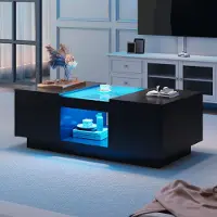 MODFU Couchtisch Wohnzimmertisch App-Steuerung LED-Hochglanz für Wohnzimmer, Schlafzimmer, Beistelltisch Rechteckiger mit Glasverkleidung, 2 Schubladen und 1 offenes Fach, Schwarz