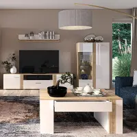 Lomadox Wohnwand Set modern in Eiche Nb. AKRON-131 mit Fronten in Hochglanz weiß 4-teilig inkl. Couchtisch