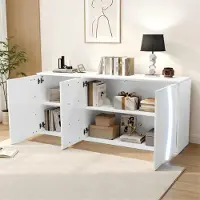MODFU Sideboard Stauraumschrank mit LED Tuerdesign Wohnzimmerschrank mit Verstellbaren Einlegeboeden Fuer Wohnzimmer Weiß