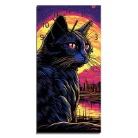 Wallario Design Wanduhr bedruckt, Größe 30 x 60 cm, Motiv: Katze unter Vollmond