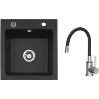 VBChome Granitspüle 50 x 48 cm Schwarz mit flexibler Armatur Einzelbecken Einbauspüle Gesprenkelt Pflegeleichtes Spülbecken mit Siphon