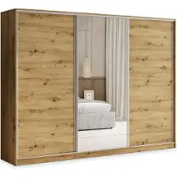 Masseno Schiebetürenschrank TARI 270/205/58 cm Kleiderschrank mit 4 Schubladen Schlafzimmer Schrank 3-türig mit Spiegel Eiche Artisan