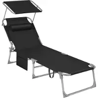 Songmics Sonnenliege, klappbarer Liegestuhl, mit Seitentasche, 53 x 193 x 29 cm, bis 150 kg, Kopfstütze, verstellbarer Rückenlehne Schwarz