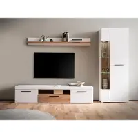 Lomadox Wohnwand 3-teilig mit Vitrinenschrank weiß mit Eiche SUTTON-61