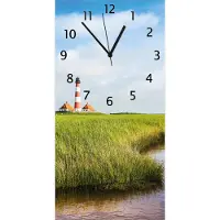 Wallario Design Wanduhr Kleiner Bach durch Schilf auf dem Weg zum Leuchtturm aus Echtglas, Größe 30 x 60 cm