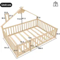 STILVORA 140x190 Kinderbett in Hausform mit Schloss-Geländer,Jugendbett aus Holz mit Hausleiste,Flachbett mit Sicherer Schutz,ohne Matratze,Natur