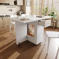Merax Esstisch, Mobile Klappbarer Küchenarbeitsfläche mit Offenem Stauraum, 2 Schubladen, Bremsbaren Rollen für Küche, Wohnzimmer, Esszimmer, Weiß