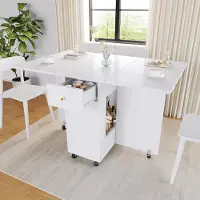 Flieks Klappbarer Esstisch mit offenem Stauraum, 2 Schubladen, bremsbaren Rollen, mobile Küchenarbeitsfläche 120x75x75cm, für 2-4 Personen, Weiß