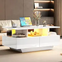 OKWISH Hochglanz-Couchtisch Beistelltisch mit LED-Beleuchtung und 2 Schubladen,90x55x41–Beistelltisch mit Stauraum,Belastbar bis 30 kg, Weiß