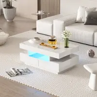 OKWISH Couchtisch Rechteckig, LED-Hochglanz Beistelltisch für Schlafzimmer, Wohnzimmertische mit Stauraum fürs Wohnzimmer, Beistelltisch mit vier Schubladen,Weiß