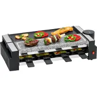 Clatronic Raclette Grill mit heißem Stein RG 3678 schwarz / Wendegussplatte / Partyspaß / Festtage / inkl. Pfännchen und Holzspachtel