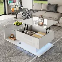 MODFU Höhenverstellbarer Couchtisch Beistelltisch mit LED-Licht und Glasplatte,Sofatisch mit Verstecktem Stauraum,Hochglanz,Weiß