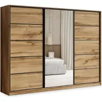 Masseno Schiebetürenschrank PINA 235/205/58 cm Kleiderschrank mit 4 Schubladen Schlafzimmer Schrank 3-türig mit Spiegel Eiche Wotan