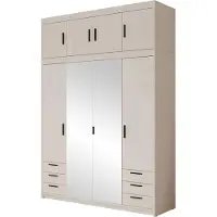 Mirjan 24 Kleiderschrank Elena 4D6S mit Frontspiegel, Drehtürenschrank, Garderobe mit vier Drehtüren und sechs Suchbladen, Kleiderstange (Farbe: Sandbeige, mit Aufsatz)