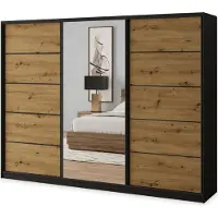Masseno Schiebetürenschrank NATA 235/205/58 cm Kleiderschrank mit 4 Schubladen Schlafzimmer Schrank 3-türig mit Spiegel Schwarz / Eiche Artisan