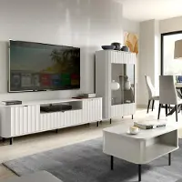 Lomadox Wohnzimmer-Set mit Lowboard & Highboard & Couchtisch in Weiß, Wellenoptik, 3-teilig - NASHVILLE-161