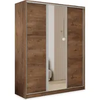 Masseno Schiebetürenschrank TARI 150/205/58 cm Kleiderschrank mit 4 Schubladen Schlafzimmer Schrank 3-türig mit Spiegel Eiche Lefkas