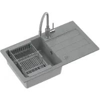 Quadron Spülbecken JERRY 111 Granitspüle Küche aus GraniteQ, 77x44x17,5 cm, Grau, Waschbecken Küchenspüle Einbeckenspüle Set: Granitspüle + Küchenarmatur MAGGIE + Siphon + Abdeckkappe