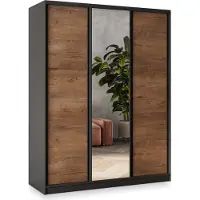 Masseno Schiebetürenschrank SORE 160/205/58 cm Kleiderschrank mit 4 Schubladen Schlafzimmer Schrank 3-türig mit Spiegel Schwarz / Eiche Lefkas