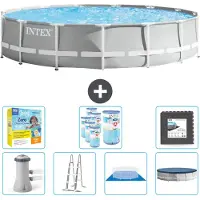 Intex Round Prism Frame Swimming Pool – 457 x 107 cm – Grau – inklusive Pumpe – Leiter – Bodenplane – Abdeckung Wartungspaket - Filter - Bodenfliesen
