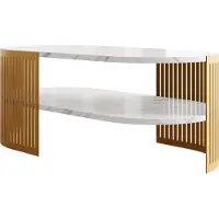 Mirjan 24 Couchtisch Fikoli Oval II Gold, Wohnzimmer Kaffeetisch, Gestell aus Stahl (Farbe: Gold / Bianco Marmor)