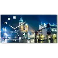 Tulup Wanduhr aus Glas – 60x30 cm - Glasbild - Glasuhr - Gehärtetes Glas - weisse-zeiger - Krakau bei Nacht