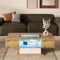 MODFU Couchtisch Wohnzimmertisch mit LED-Beleuchtung,Rechteckiger Beistelltisch Sofatisch mit Glasplatte und zwei Schubladen,Kaffeetisch in Natur