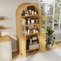 MODFU Sideboard Gewölbte Decke Glastüren Mehrstufiger Stauraum Geschlossener Aufbewahrungsschrank mit Wellenmuster Natur