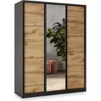 Masseno Schiebetürenschrank SORE 150/205/58 cm Kleiderschrank mit 4 Schubladen Schlafzimmer Schrank 3-türig mit Spiegel Schwarz / Eiche Wotan