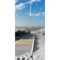 Wallario Design Wanduhr bedruckt, Größe 30 x 60 cm, Motiv: Auf dem Holzweg zum Strand in schwarz-weiß Optik