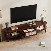 MODFU TV-Schrank 170cm,TV-Lowboard mit Rattanschubladen,Fernsehbank mit Türen im Schiebetür-Design,TV-Regal aus Massivholz,Natur
